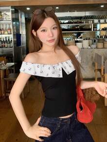 DAZY Áo nữ thời trang, đa năng, họa tiết hoạt hình chấm bi, kiểu dáng trễ vai, phong cách thường ngày. - màu đen - Xem 8