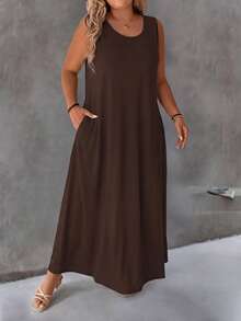 SHEIN LUNE Plus Size Round Neck Casual Printed Knit Dress - Brown - View 3