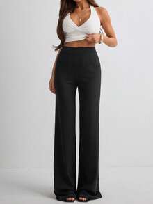 Women's Casual Solid Color Wide Leg Pants - Black - View 4