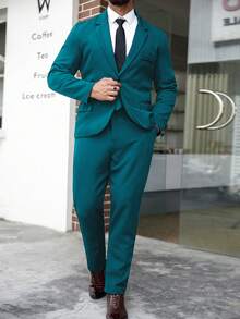Manfinity Mode Men Plus Size Solid Color Notched Collar Single-Breasted Blazer And Pants Casual Formal Suit Set, Ceremony - Teal Blue - View 5
