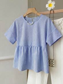 SHEIN EZwear 大码女式条纹宽松圆领短袖衬衫 - 藍白色 - 查看 7