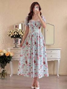 Vestido con cuello de volantes, mangas abullonadas, cintura con lazo y estampado de flores diminutas en patchwork, con estilo francés elegante para vacaciones - Azul - Ver 7