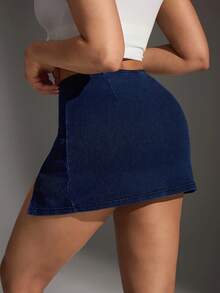 Flexra 女士弹力开衩修身防走光牛仔迷你裙 - 深色水洗藍 - 查看 2