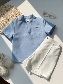 SHEIN LMoss Kids 儿童男童休闲V领短袖衬衫和短裤两件套 - 藍白色 - 查看 3