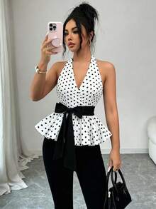 GlowEve Women's Elegant Sexy Polka Dot Print Scarf With Contrast Color Bow Tie Strap, Summer Golf White - White - View 3