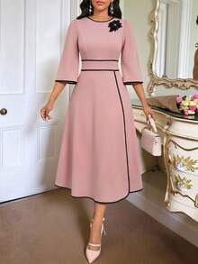 SHEIN Lady Women's Contrast Trim Round Neck Short Sleeve Mid-Length Dress Dress For Church For Women Modest Dress French Style Dress Elegant Dress - Baby Pink - View 6