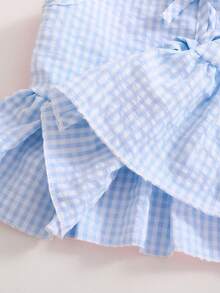 SHEIN Playful Pals 2件套女婴幼儿/新生儿0-3岁春夏休闲甜美日常度假条纹梭织无袖上衣和阔腿裤两件套 - 淺藍色 - 查看 5
