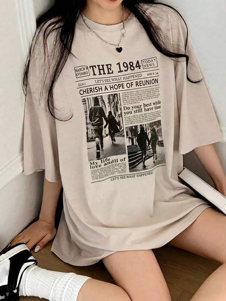 Teen Girls Casual Loose Fashionable Versatile Short Sleeve Printed T-Shirt, Popular Style Summer
