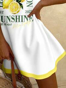 SHEIN EZwear 女士时尚百搭柠檬字母印花撞色休闲连衣裙 - 白色 - 查看 5