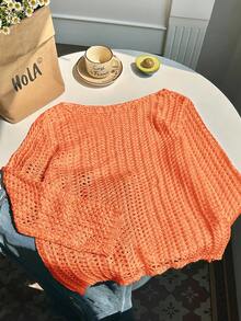 SHEIN EZwear Plus Size Women Open Knit Casual Vacation Solid Color Semi-Sheer Sweater, Autumn - Pink - View 3