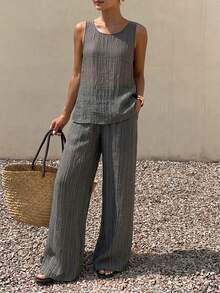 Livesso Summer Hollow Textured Sleeveless Tank Top Loose Straight Leg Pants Set, Grey, Casual, Vacation, Holiday, Elegant Business Office Outfit, Beach Wear - Dark Grey - View 6