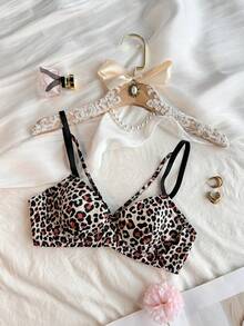DAZY Leopard Print Adjustable Spaghetti Strap Lightly Padded Bra For Women - Black - View 9