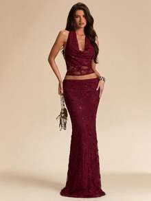 SHEIN BAE Atasan Camisole Tanpa Punggung dengan Hiasan Manik-Manik dan Bordir Biru, Cocok untuk Liburan, Pakaian Sehari-hari, Kencan, Pesta, Festival Musik, Atasan Musim Panas - Burgundy - View 6