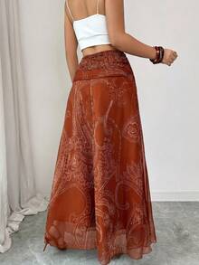SHEIN Elenzya Chân váy chữ A in họa tiết retro màu hạt điều dành cho nữ, duyên dáng cho kỳ nghỉ, mặc hàng ngày, đi làm thanh lịch, hẹn hò thời trang, phong cách đường phố Pháp, đa năng retro, họa tiết hoa retro màu nâu, chân váy maxi dài mùa xuân/hè mới. - Gỗ đỏ - Xem 2