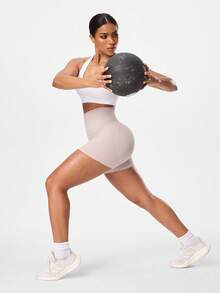 Seamluxe SHEIN Sport 女士无缝高腰塑身运动短裤，夏季 - 米色 - 查看 7