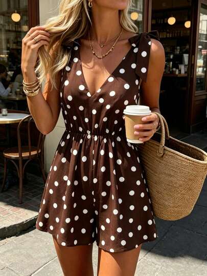 SHEIN PariChic Bộ áo liền quần không tay buộc vai in họa tiết chấm bi dành cho nữ