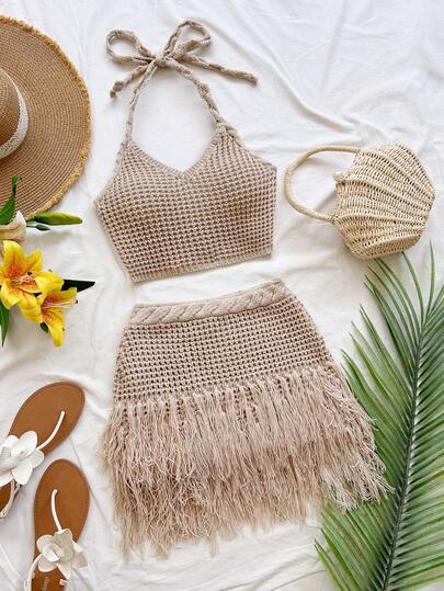 Soleia Women's Casual Vacation Apricot V-Neck Crochet Bow Tie Halter Knit Vest + Tassel Fitted Knit Skirt 2-Piece Set, Suitable For Beach, Cruise, City Vacation, Bohemian, Summer