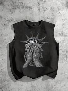 Torvinic 宽松休闲无袖背心，饰有仿水钻自由女神像图案，街头风格 - 黑色 - 查看 1