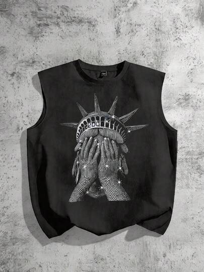 Torvinic 宽松休闲无袖背心，饰有仿水钻自由女神像图案，街头风格