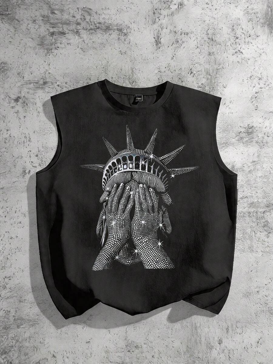 Torvinic 宽松休闲无袖背心，饰有仿水钻自由女神像图案，街头风格 - 黑色 - 查看 1
