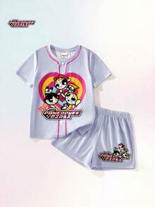 THE POWERPUFF GIRLS X SHEIN Maija Kids 2件套 女童卡通动物印花柔软针织圆领短袖T恤和松紧腰短裤 - 彩色 - 查看 2