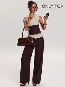 SHEIN BAE Spring/Summer Women's Brown Diagonal Striped Asymmetrical Shoulder Asymmetric Fashion Top Versatile, Perfect For Commuting And Everyday Wear Ideal For Sister Outings And Casual Street Style Brown Striped Top, Diagonal-Shoulder Striped Top Workwear, Practical And Slimming Top Casual Streetwear Top - Coffee Brown - View 1