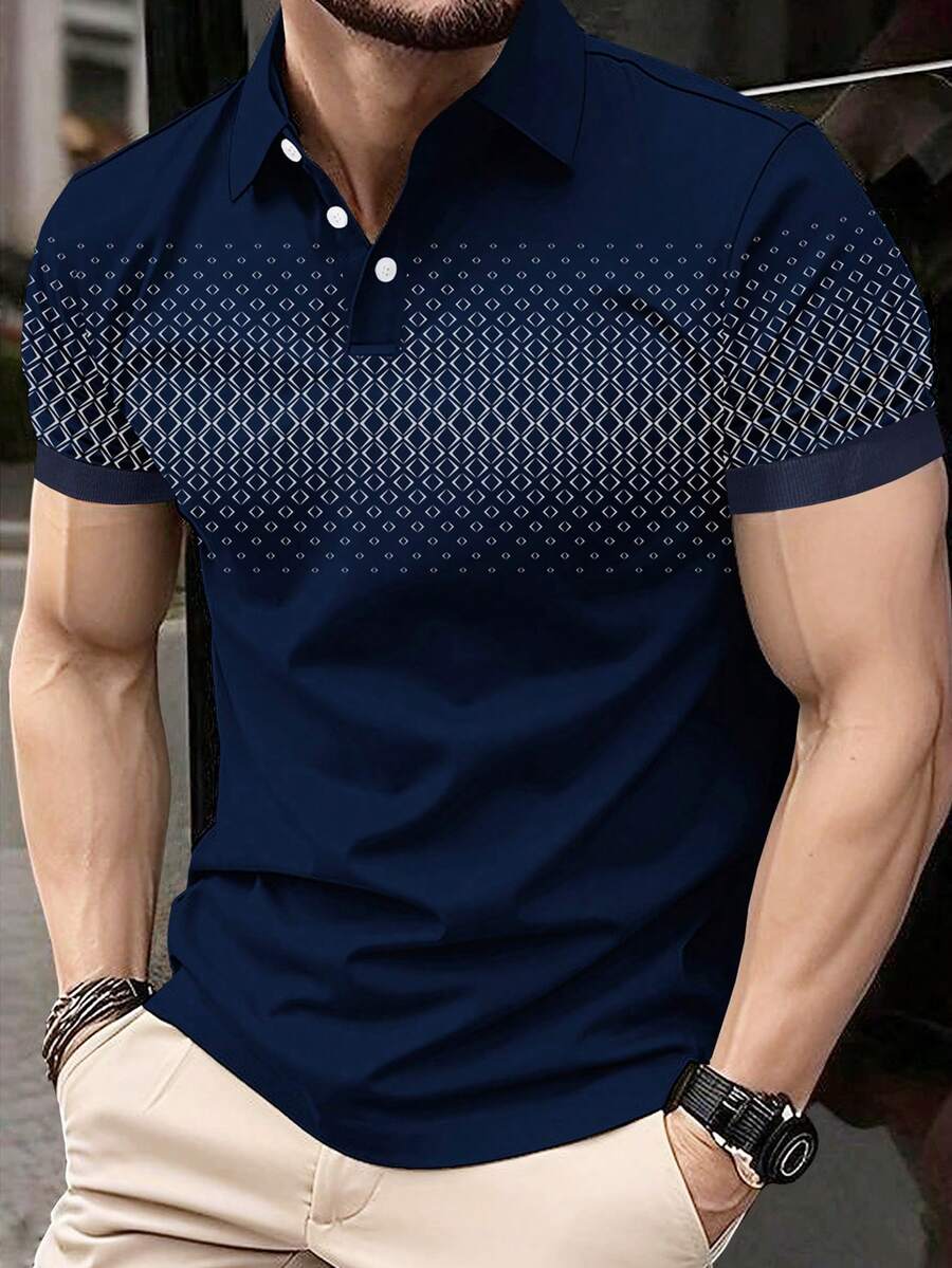 Manfinity Homme 男士休闲几何印花Polo衫,夏季 - 寶藍色 - 查看 1