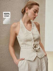 MOTF PREMIUM Atasan Kancing Depan Motif Bunga Stereo Linen - Aprikot - View 2