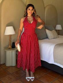 Maria Perezxox 女士夏季休闲度假波点印花露背吊带连衣裙派对 - 紅白色 - 查看 1