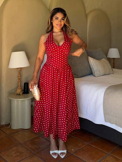 Maria Perezxox 女士夏季休闲假日波尔卡圆点印花露背连衣裙