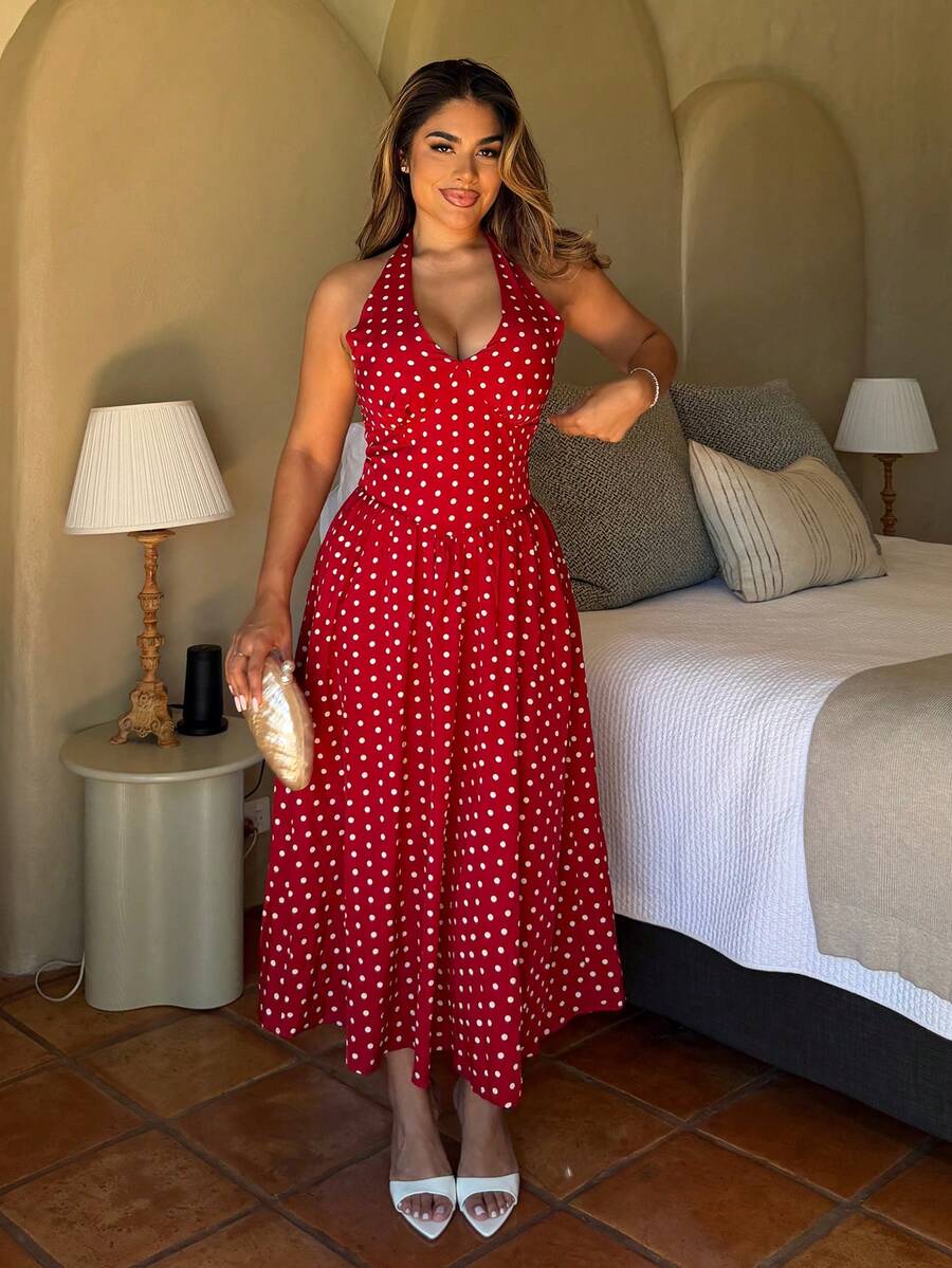 Maria Perezxox 女士夏季休闲度假波点印花露背吊带连衣裙派对 - 紅白色 - 查看 1