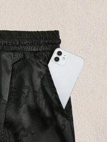 Mercer Haus Calça Lanterna Vintage com Padrão de Dragão Dobby para Homens, Calça Jogger de Perna Larga com Estampa de Dragão Chinês Suave Semelhante a Cetim, Calça Chinesa de Cintura com Cordão para Tai Chi Kung Fu, Calça Casual de Praia e Yoga para Primavera/Outono - Preto - Visão 7