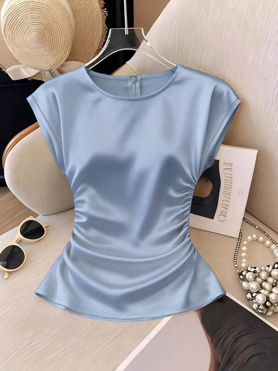 Franclia Áo kiểu nữ thanh lịch cổ tròn, ôm eo, xếp ly, tay ngắn, màu hồng đào nhạt, đa năng. - Màu xanh lam - Xem 1