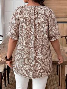 Ceyna Camisa de manga corta con estampado floral minimalista francés casual para mujer de talla grande, verano - Marrón - Ver 2