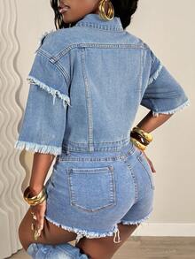 SHEIN BamGlam Trang phục cao bồi nữ, áo khoác ngắn tay bằng vải denim xanh không co giãn, trang phục mùa hè. - Rửa nhẹ - Xem 2