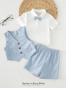 Cozy Pixies Bộ vest lịch lãm 3 món cho bé trai/bé gái: Áo sơ mi trắng tay ngắn, áo vest xanh lá cây và quần short/quần dài. Trang phục thanh lịch cho mùa xuân/hè, phù hợp cho tiệc sinh nhật, lễ rửa tội, sinh nhật lần thứ nhất, lễ kỷ niệm, đám cưới, v.v. - Màu xanh nhạt - Xem 8
