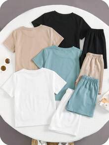 SHEIN 8件套男童舒适休闲日常百搭字母印花短袖T恤短裤套装，适合春夏穿着，日常穿着、运动、郊游、上学、聚会、节日、拍照、返校季等场合皆宜。 - 彩色 - 查看 3