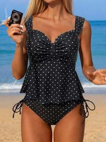 Swim Mod Women's Fashion Polka Dot Floral Trim Decorated Camisole & Bikini Set, Suitable For Summer Beach Vacation - Black and White - View 6