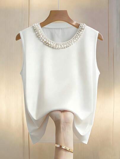 GlowEve CURVE Plus Size Solid Color Round Neck Sleeveless Pearl Decor Elegant T-Shirt, Summer