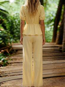 Women's Cream Yellow Princess Sleeve Slimming V-Neck Blouse + Straight Leg Pants 2 Pieces Commuter Set - Light Yellow - View 10