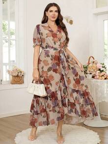 Reflora Vestido de moda con cuello en V, estampado floral y volantes para mujer de talla grande - Multicolor - Ver 8