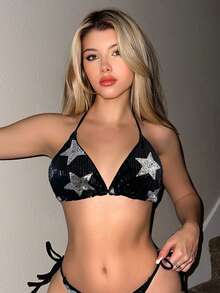 SHEIN Swim Contrast Color Star Sequin Halter Bikini Top, Sexy Micro Triangle For Summer Beach Vacation - Black and White - View 3