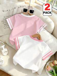 Souflis Souflis 2pcs/Set Young Girl Cute White And Pink Knight Print Contrast Color Round Neck Short Sleeve T-Shirt School Summer Casual - White - View 2