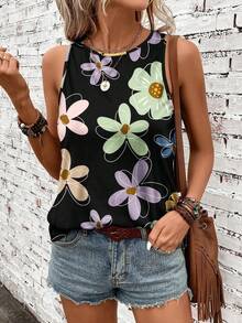 EMERY ROSE Plus Size Casual Floral Print Round Neck Tank Top, Summer - Multicolor - View 3
