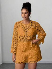 Plusstorlek Elegant enfärgad urholkad blus, sommar - Gul - Visa 4