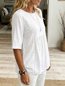EMERY ROSE Vacation Style Casual Hollow Out White Shirt - White - View 3