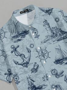 VIVINTIMO Men's Summer Vacation Anchor Print Button Front Short Sleeve Shirt, Holiday - Dusty Blue - View 5