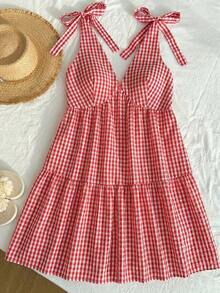 SHEIN EZwear 女士休闲度假V领红白格子系腰带加大码连衣裙 - 紅白色 - 查看 6