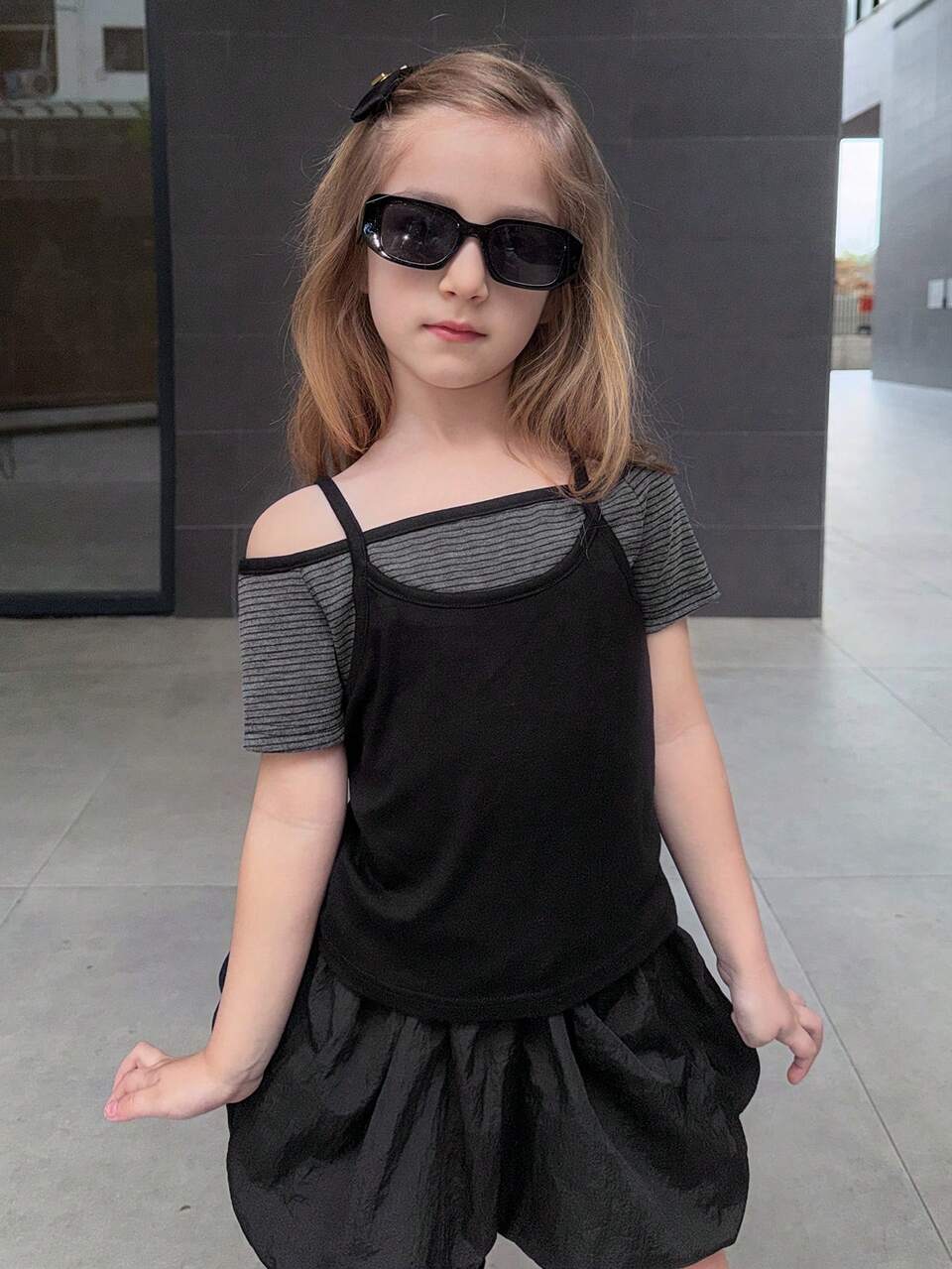 Young Girl 2 In 1 Off-Shoulder Striped Short Sleeve Camisole Top Summer