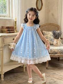 SHEIN Vintaside Kids Young Girl Summer Casual & Holiday Floral Embroidery Mesh Contrast Lace Trim Square Neck Loose Dress - Baby Blue - View 1